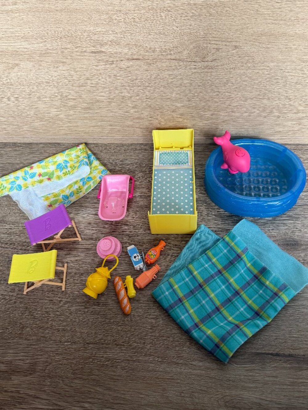 Barbie Accessories lot pool, camper things, chairs, bed and more